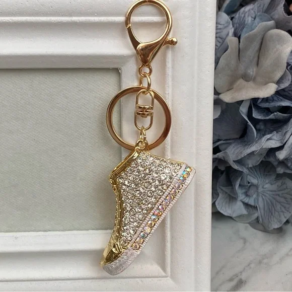 Gold Hightop Sneaker with Silver Crystals Keychain Charm - Picture 2 of 12